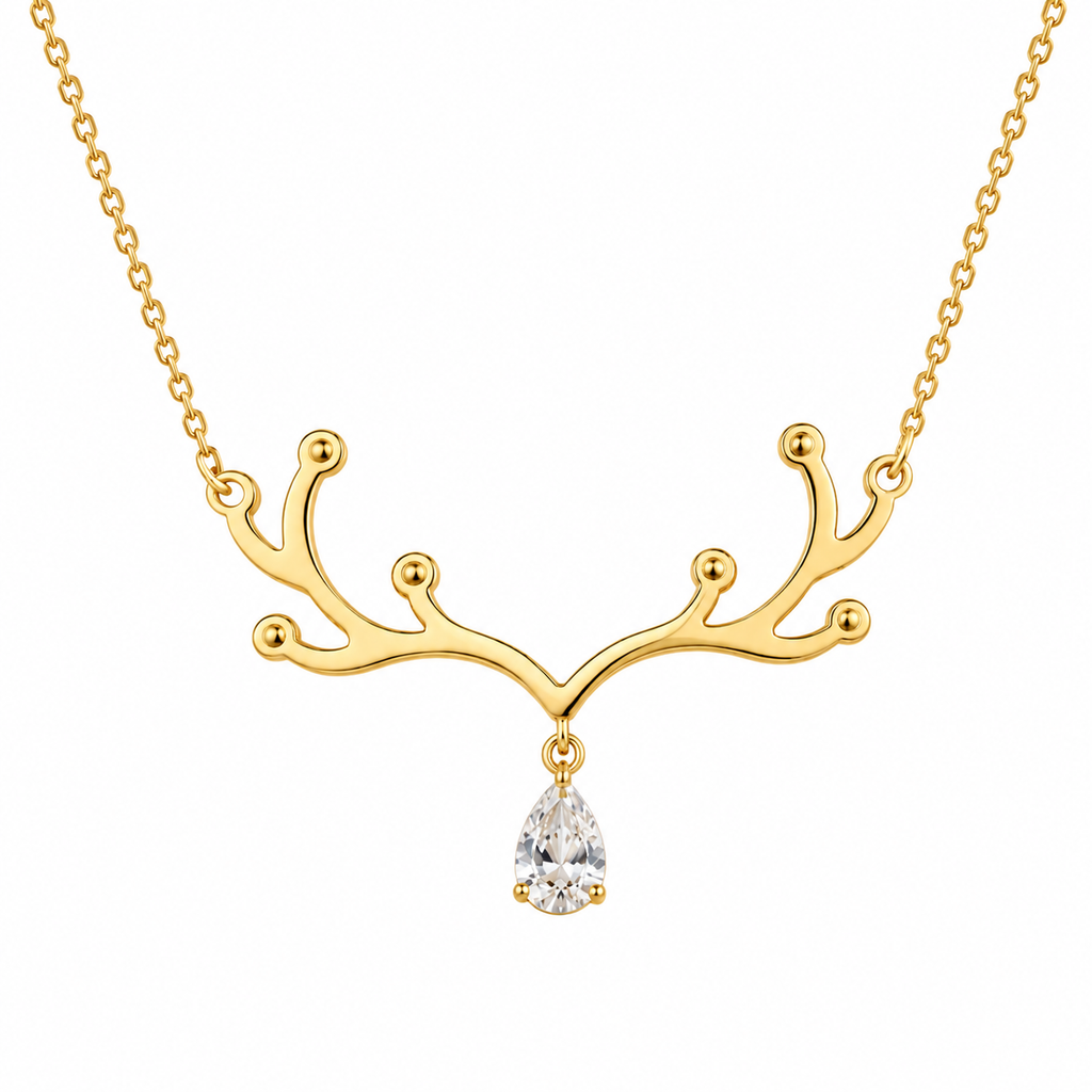 Gold Tone Yellow Gold Plated Antler Charm Pendant Teardrop CZ Cable Chain