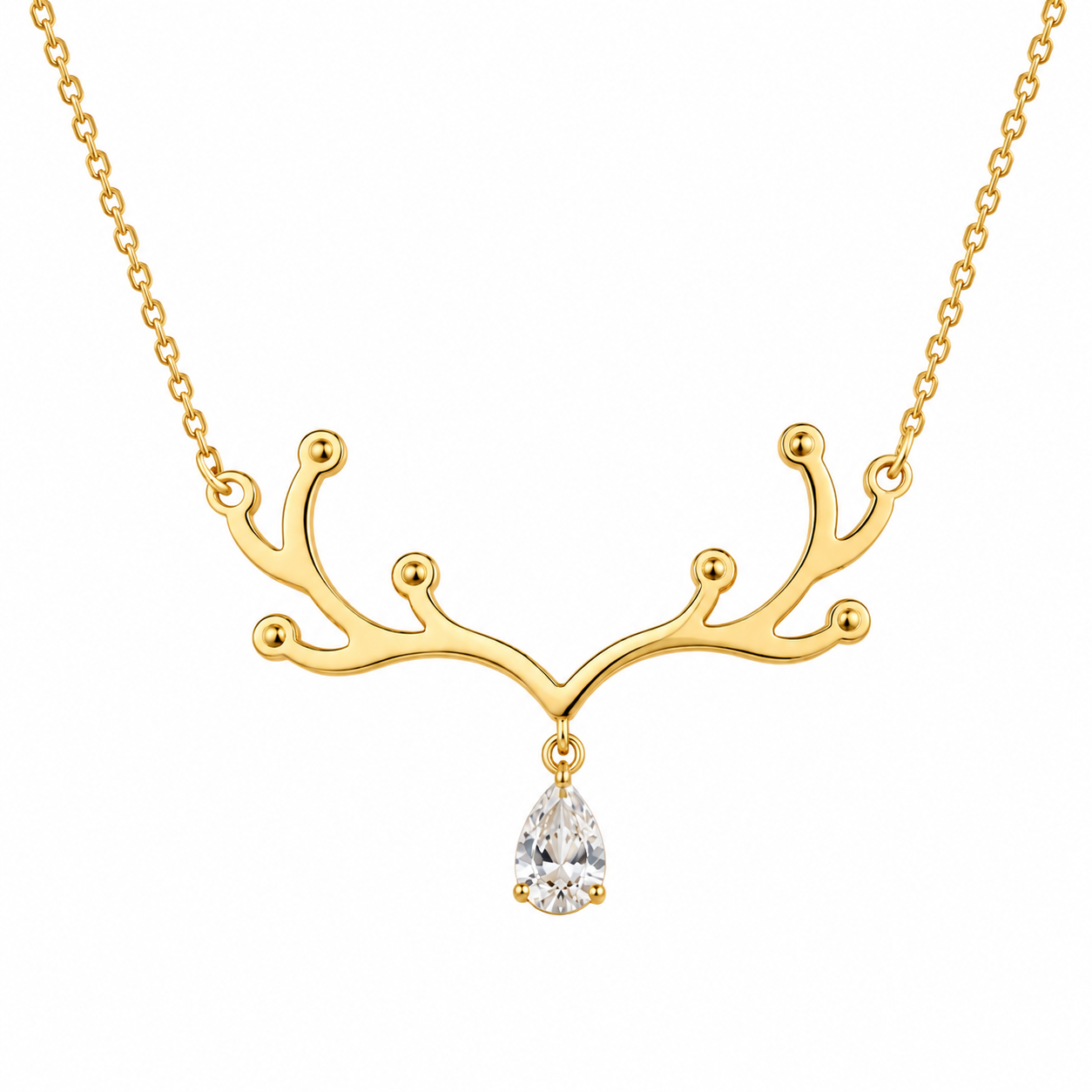 Gold Tone Yellow Gold Plated Antler Charm Pendant Teardrop CZ Cable Chain